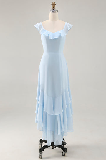 Sky Blue Ruffled Scoop Neck A Line Bridesmaid Dress